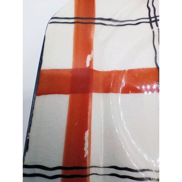 Red Plaid Serving Tray Takito Company Vintage Hand Painted Japan 10.25 In Crazed - Picture 8 of 16